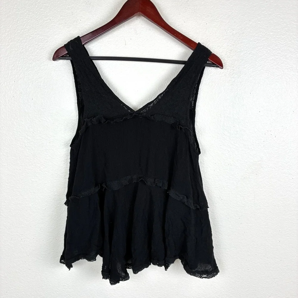 Free People Tank Top Sz S Babydoll Boho Flowy Cottage Lace Ruffle Tiered Fairy
